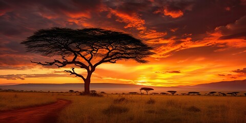 Wall Mural - AI Generated. AI Generative. Photo realistic illustration of sunset tree of life outdoor scene. Graphic Art