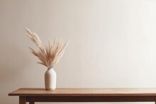 Contemporary Vase With Pampas Grass On Wooden Table, Home Staging And Minimalistic Decor, Blank Beige Wall
