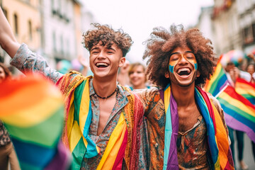 Two young boys with lgtbi flags at the gay pride demonstration