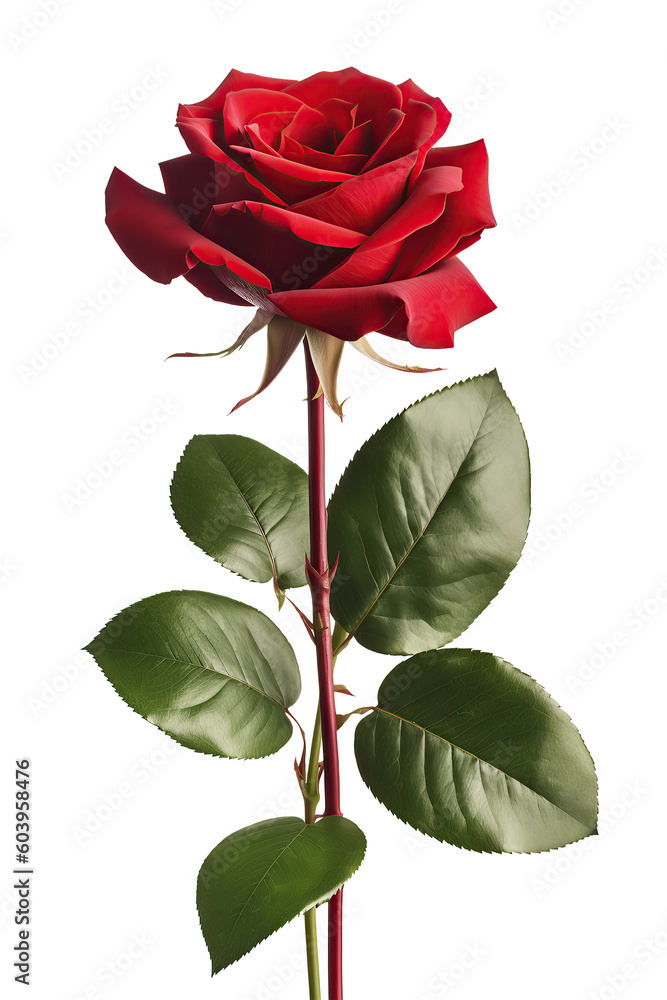 Perfect red rose with its stem and green leaves isolated on cutout PNG ...
