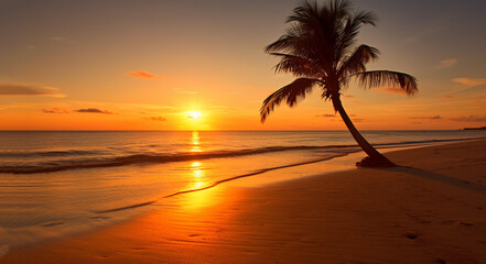 Wall Mural - Silhouette of palm trees Beautiful sunset on the tropical sea beach background for travel in holiday relax time ,