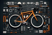 Top View Of Bicycle And Parts Of It. Bicycle And Parts To It, Layout. Beautiful Illustration Picture. Generative AI