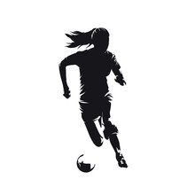 Female Soccer Player, Woman Playing Football, Front View, Isolated Vector Silhouette, Ink Drawing
