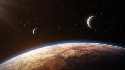 Wall Mural - view of the surface of a red planet in space with two orbiting moons or small planets seen in the ba