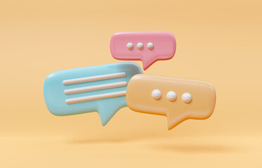 Wall Mural - Minimalist blue red and yellow speech bubbles talk icons floating over orange background. Modern conversation or social media messages with shadow. 3D rendering