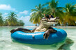 Happy crocodile enjoying life on the inflatable mattress in ocean with clear transparent water with palm trees on background. AI generative