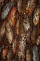 Poster - A rustic-inspired feather background pattern texture, with feathers arranged on a textured wooden surface,  Generative AI technology.
