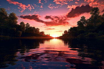 Fototapete - a colorful sunset reflected on the calm surface of a river, creating a dreamy and romantic atmosphere.  Generative AI technology.