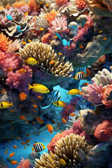 Leinwandbilder - An abstract depiction of a vibrant coral reef teeming with colorful fish, conveying the diversity and fragility of marine ecosystems. Generative AI technology.