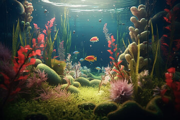 Leinwandbilder - A surreal underwater scene with floating fish and plants, creating a serene and otherworldly ambiance.  Generative AI technology.