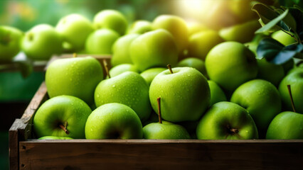 Wall Mural - Green apples in a wooden box on a background of green leaves. generative ai