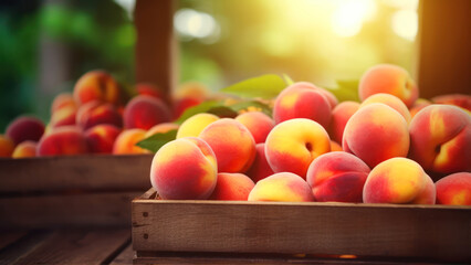 Wall Mural - Fresh ripe peaches in a wooden box on the background of the garden generative ai