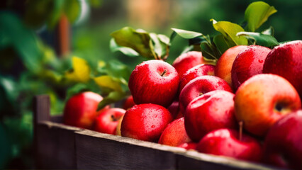 Wall Mural - Ripe red apples in a wooden box on a background of green leaves generative ai