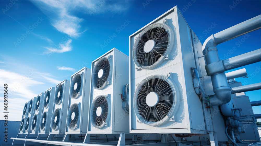 Industrial air conditioning units on rooftop under blue sky. HVAC ...