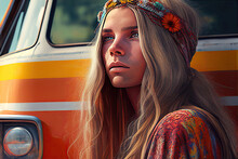 Young Beautiful 60s Woman As Hippie Girl (Generative AI)