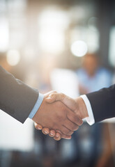 Wall Mural - Business people, handshake and closeup in office for partnership, introduction and team collaboration. Employees shaking hands in support, success and networking for opportunity, trust and thank you