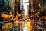 Fototapeta Nowy Jork - Vibrant oil painting of the modern city road with cars. Beautiful illustration picture. Generative AI
