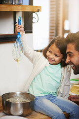 Sticker - Cooking, morning and father with daughter in kitchen for pancakes, bonding and learning. Food, breakfast and helping with man and young girl in family home for baking, support and teaching nutrition