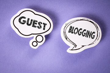 Wall Mural - Guest Blogging. Two speech bubbles with text on a violet background