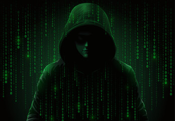 Computer hacker in hoodie. Obscured dark face. Data theft, internet fraud, darknet and cyber security concept. Hacker on screen background with binary code
