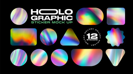 holographic stickers pack mockup. hologram labels of different shapes. sticker shapes for design moc