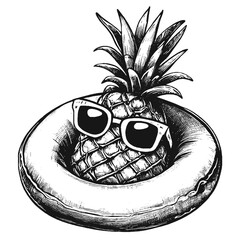 cool pineapple wearing sunglasses in a swimming ring, summer vacation pineapple sketch