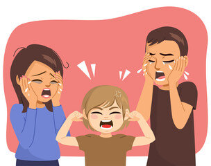 Vector illustration of father and mother crying desperately with son having a tantrum. Husband and wife having problem with spoiled child