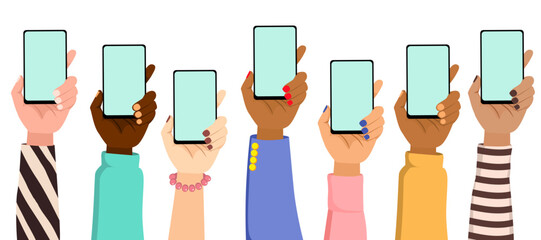 Vector illustration of diverse male and female hands holding mockup smartphone. Set collection of raised arms texting with mobile phones