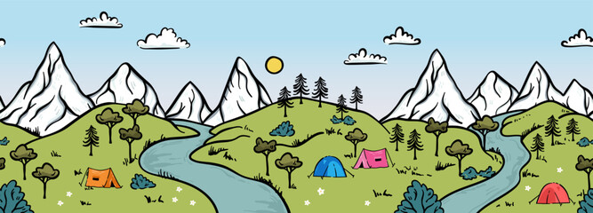 Wall Mural - cute hand drawn landscape with mountains, tents, trees, hills. simple illustrated landscape, adventu