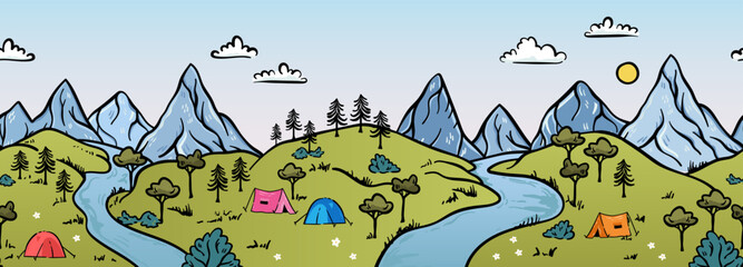 Wall Mural - cute hand drawn landscape with mountains, tents, trees, hills. simple illustrated landscape, adventu