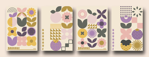 Wall Mural - Geometric minimalist Spring / Summer posters. Modern soft bauhaus inspired shapes, primitive blocks swiss style. Trendy flowers and crops art templates.