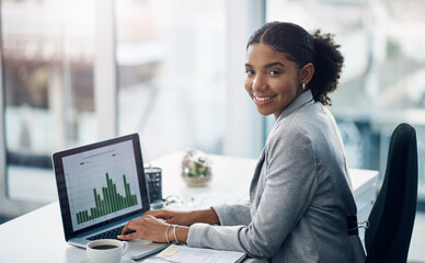 Poster - Graph, laptop and portrait of working business woman doing financial strategy for growth at startup company with a smile. Happy, report and female financial advisor with profit progress on a screen