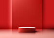 3D realistic empty red podium pedestal stand minimal wall scene on red background