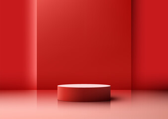 Wall Mural - 3d realistic empty red podium pedestal stand minimal wall scene on red background