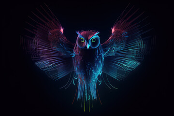  Image of an owl flapping wings with light that is in the digital world on a dark background. Birds. Wildlife Animals. Illustration, generative AI..