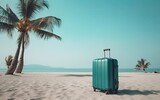 Fototapeta Mapy - Baggage bag on the tropical beach. Travel concept with tropical beach view and baggage on the white sand Generative AI