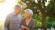 © Sean A E/peopleimages.com - Senior couple, walking and happy outdoor at a park with love, care and support for health and wellness. A elderly man and woman in nature for a walk, quality time and healthy marriage or retirement