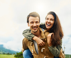 Poster - Laugh, love and piggyback with portrait of couple in nature for happy, smile and bonding. Happiness, relax and care with man carrying woman on countryside date for spring, vacation and support