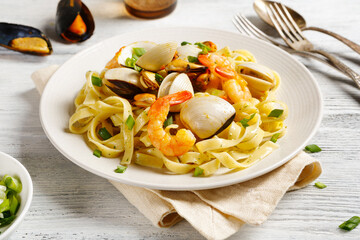 Poster - Pasta close up with seafood on a plate