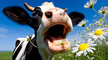 Close-up Cow Eating Daisies In A Meadow. Generative Ai.