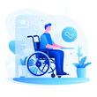 © Generative AI - Large set of disabled people in the workplace with a blind man and dog, girl with prosthetics and wheel chair users, flat cartoon colored vector illustration Generative AI.