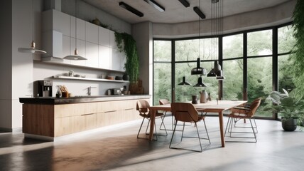 Modern spacious minimalistic kitchen with loft elements with large panoramic windows. Dining area, table and chairs. Combination of wood and concrete. Comfortable living space. Generative AI