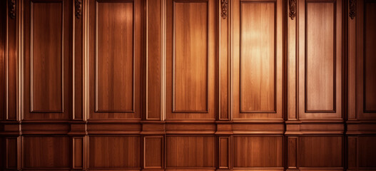 Wall Mural - Luxury wood paneling background or texture. highly crafted classic / traditional wood paneling, with a frame pattern, often seen in courtrooms, premium hotels, and law offices. Generative AI based.