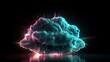 Abstract background with cloud explosion with splashing drops and pink and blue neon colors. Glowing smoke burst effect at dark backdrop. Horizontal illustration for banner design. Generative AI.