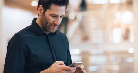 Aufkleber - Business man, texting and phone with space in office mockup for networking, chat and email communication. Businessman, smartphone and focus for schedule, notes and social network app in workplace