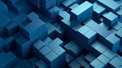 Abstract background with dark blue structure of 3d cubes or blocks pattern. Minimal wallpaper with geometric shapes architecture composition. Horizontal illustration for banner design. Generative AI.