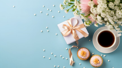 Show your love to your mom. Top view flat lay of cupcakes, gifts, cup of hot coffee, and gypsophila flowers on a pastel blue background. Ideal for a Mother's Day greeting message or advertisement