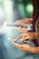 Phone, social media or hands of business people in office for networking web, chatting or texting message. Closeup, tablet or hand of employees scrolling or typing email online on digital mobile app