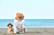 canvas print picture - Rear view of woman with dog relaxing on sand on beach.