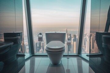 Wall Mural - A toilet in a bathroom with a view of a city. Generative AI image.